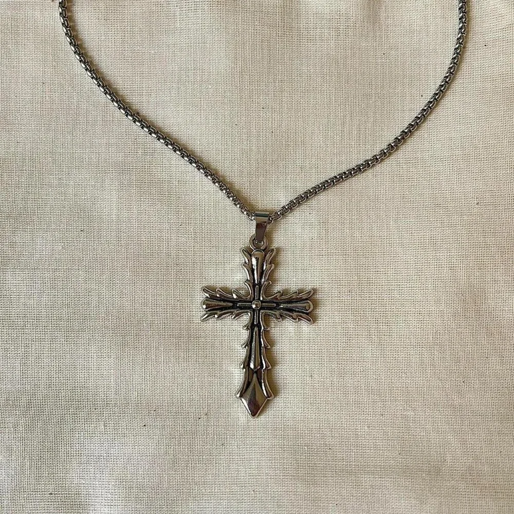 y2k grunge chrome silver cross pendant necklace